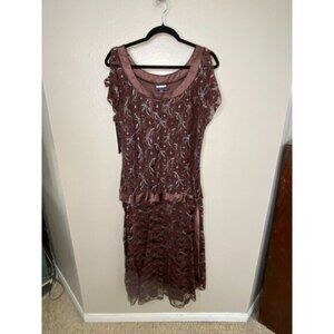 Believe Brown Floral Lace Dress Womens 16 Satin Waist Detail Elegant Style